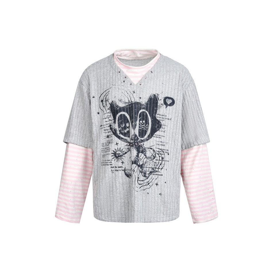 Women Layered Look Long Sleeve with Striped Sleeves and Graphic Statement Print EVA-US