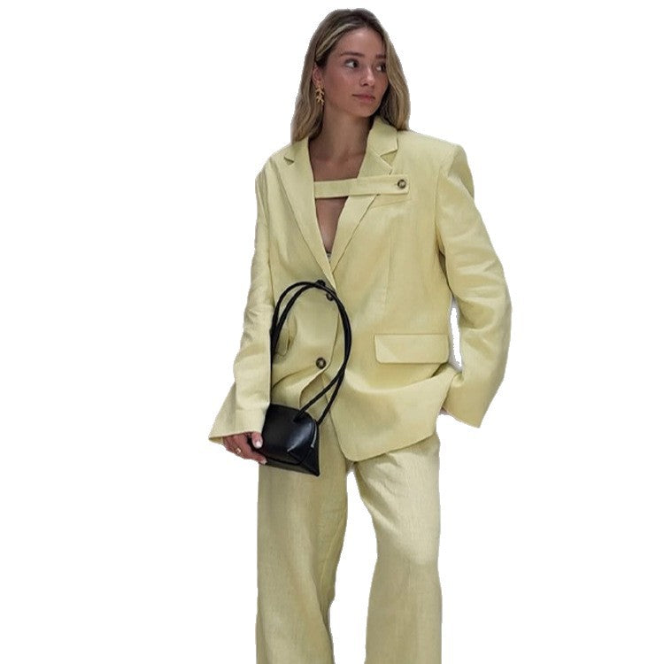 Women's Lightweight Linen Set with Loose-Fitting Blazer and High-Waisted Shorts EVA-US