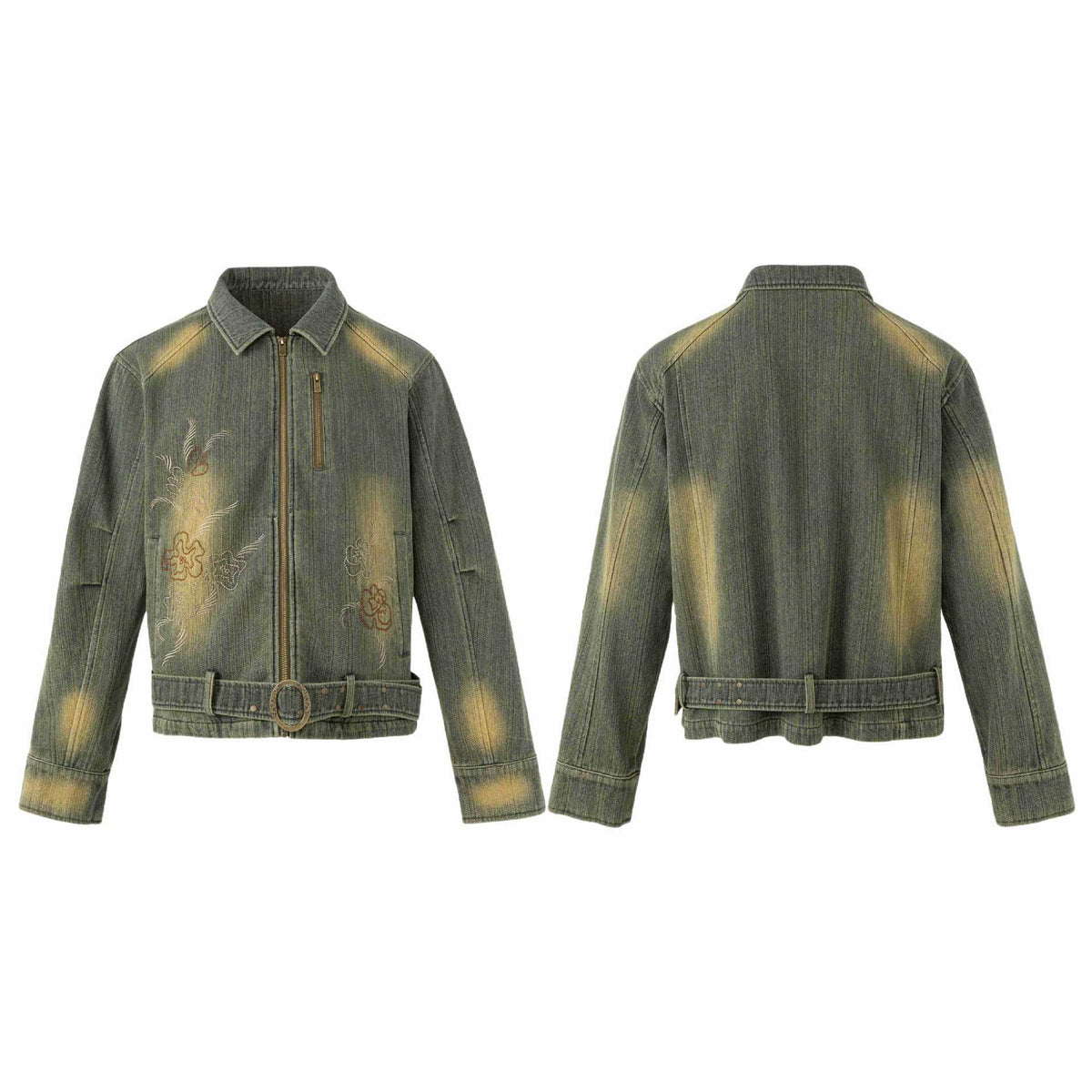 Women's Embroidered Short Denim Blouson Jacket with Waist Belt and Zipper EVA-US