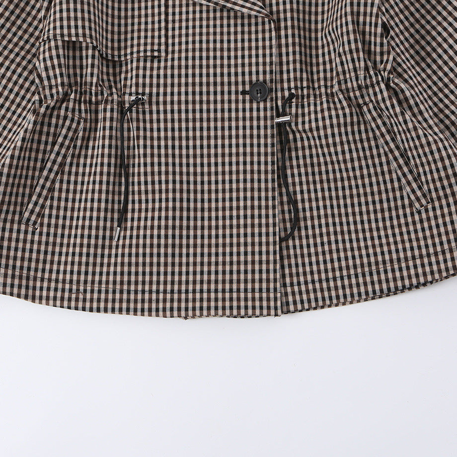 Women's Short Checked Trench Coat with Drawstring Waist and Wide Lapels EVA-US