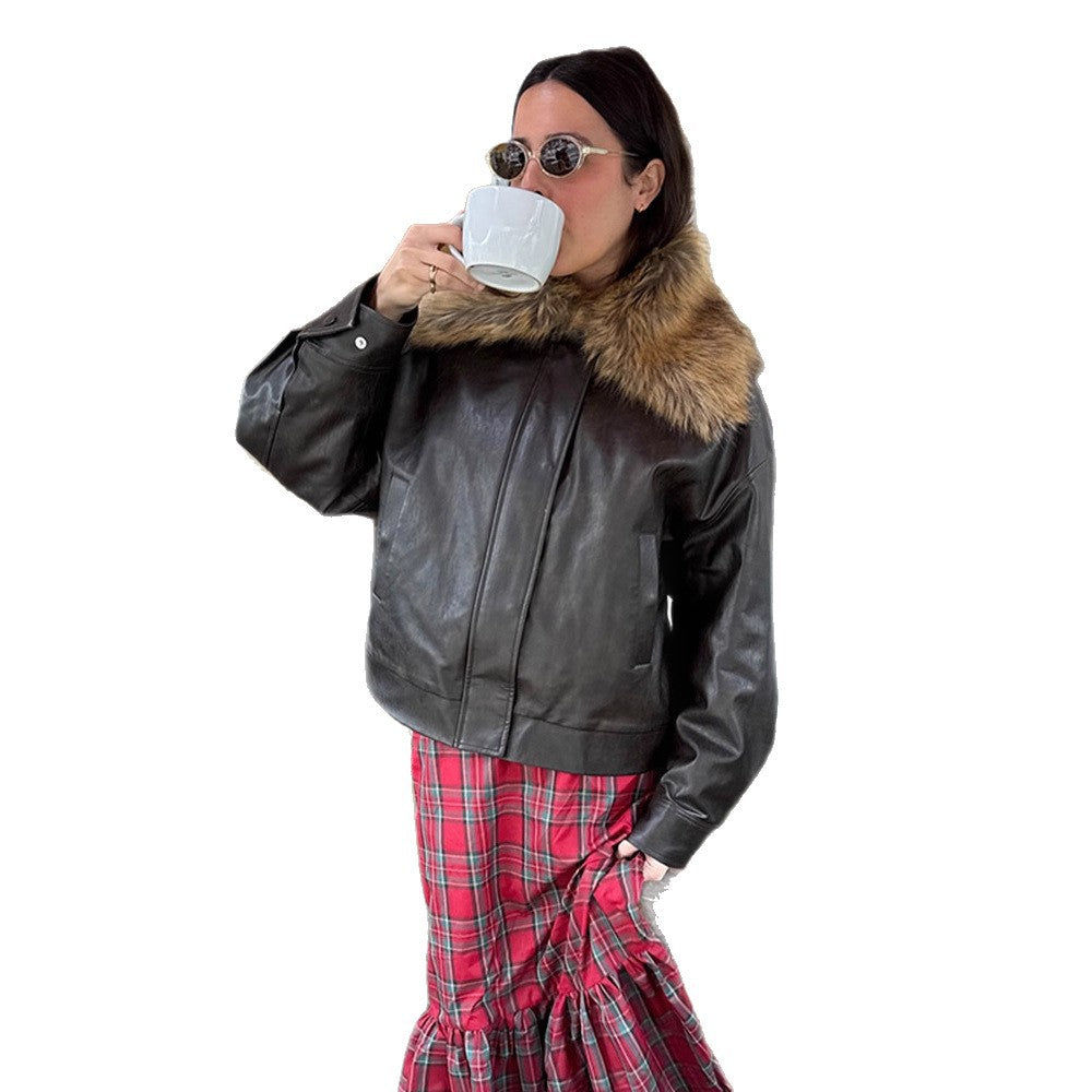 Women Boxy Faux Leather Blouson with Removable Faux Fur Collar and Concealed Button Placket EVA-US