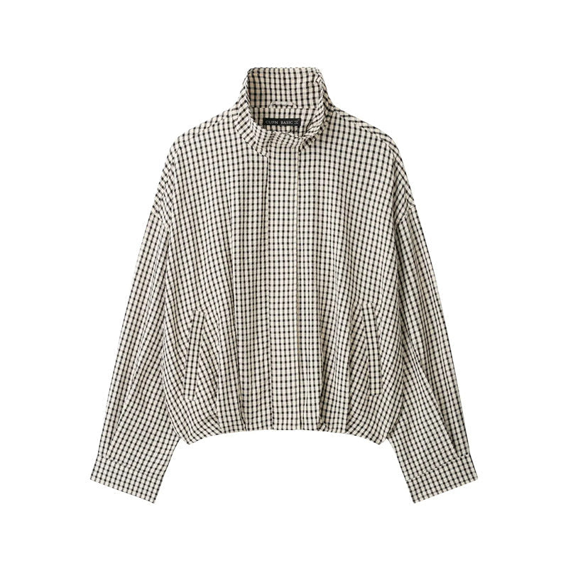 Women’s short-cut checked blouson jacket with stand-up collar, elastic hem, and concealed zipper EVA-US