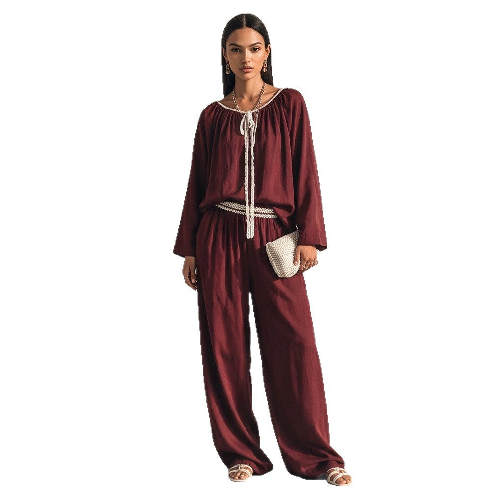 Ladies Flowing Two-Piece Loungewear Set in Silk Look with Wide Palazzo Pants and Gathered Tunic EVA-US