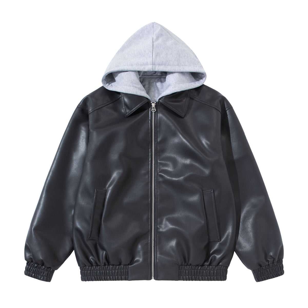 Men's Boxy Leather Blouson with Attached Jersey Hood and Ribbed Hem EVA-US