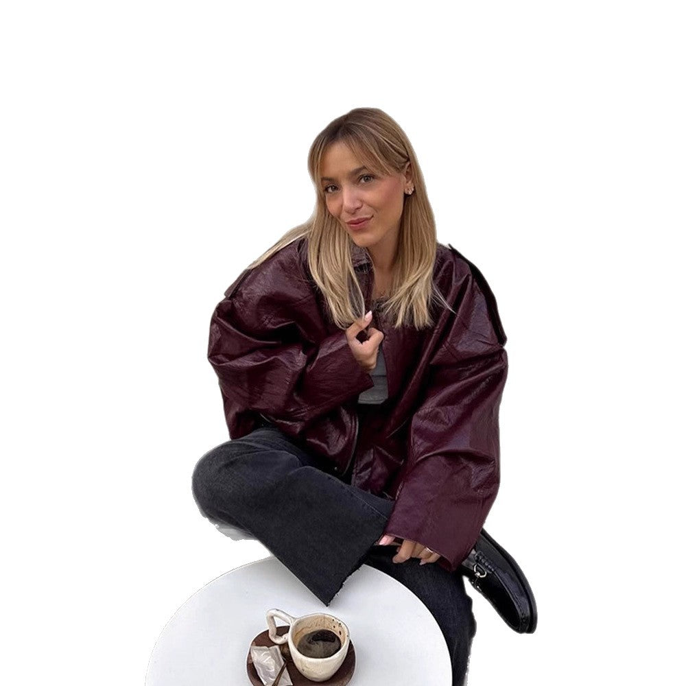 Women's short jacket in glossy patent look with boxy silhouette and dropped shoulders EVA-US