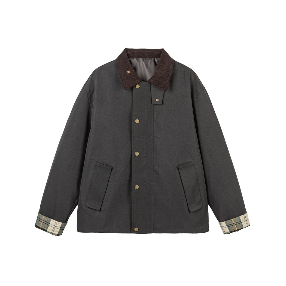Men's Short-Cut Canvas Field Jacket with Cord Collar and Concealed Snap Placket EVA-US