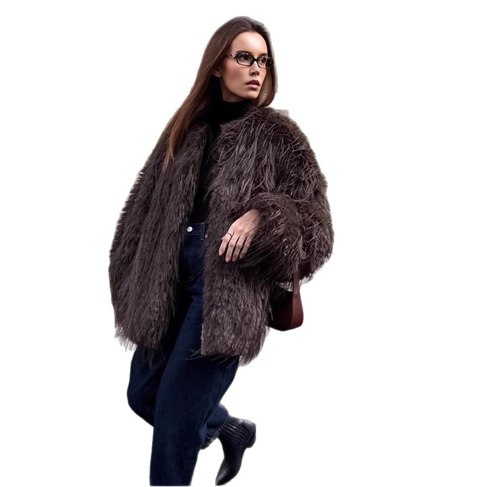 Women Oversize Faux Fur Coat with Long Pile Shag Look and Square Silhouette EVA-US