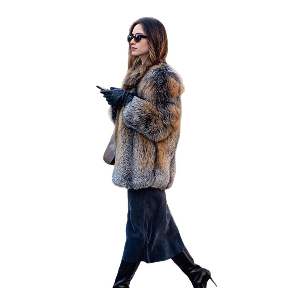 Women short cut oversized faux fur coat with voluminous shawl collar EVA-US