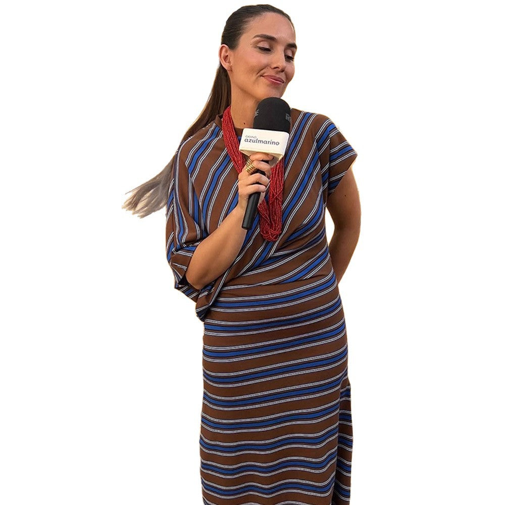 Women Striped Maxi Dress with Asymmetric Cape Sleeves & Tailored Silhouette EVA-US