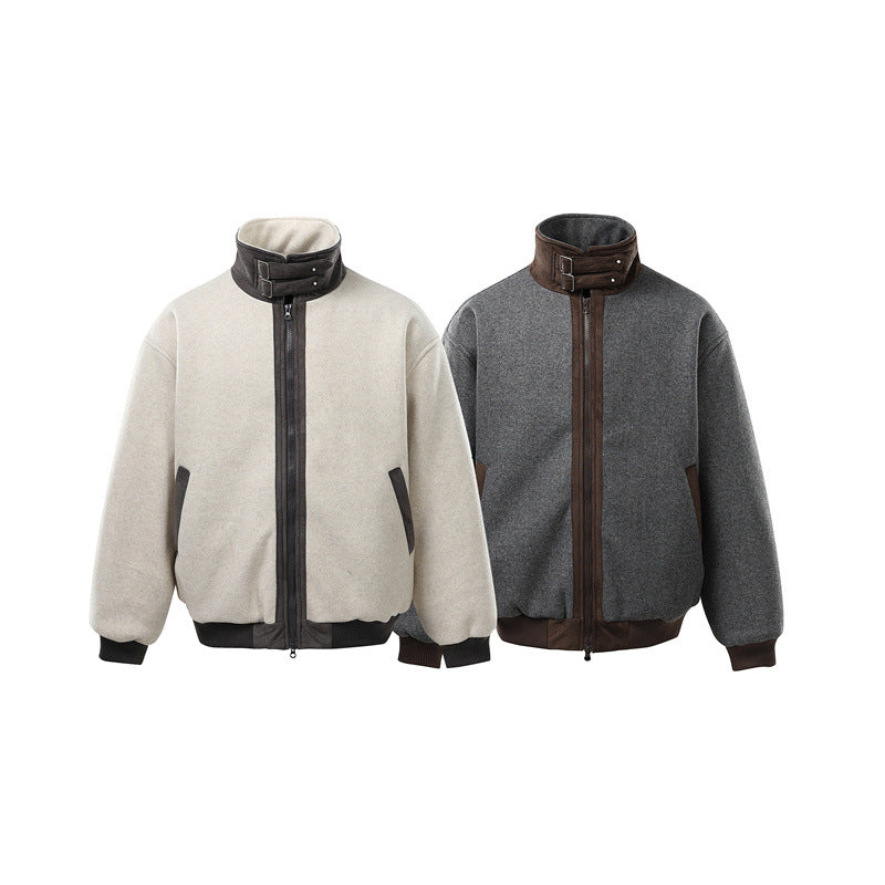 Men's short-cut boxy bomber made of wool blend with high buckle collar and velour trim EVA-US