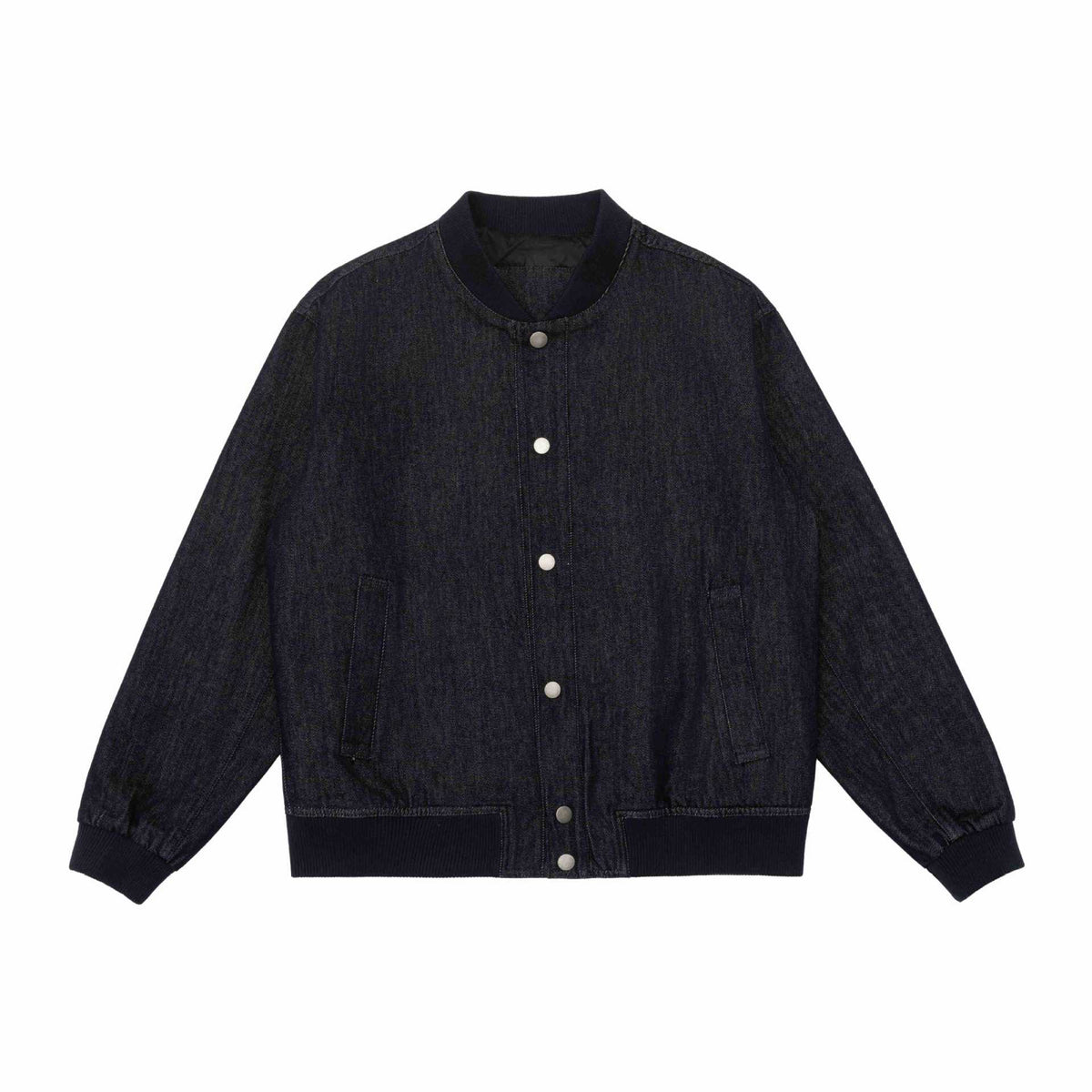 Unisex Boxy Jeans Bomber Jacket with Ribbed Collar, Snap Button Placket and Patch Pockets EVA-US