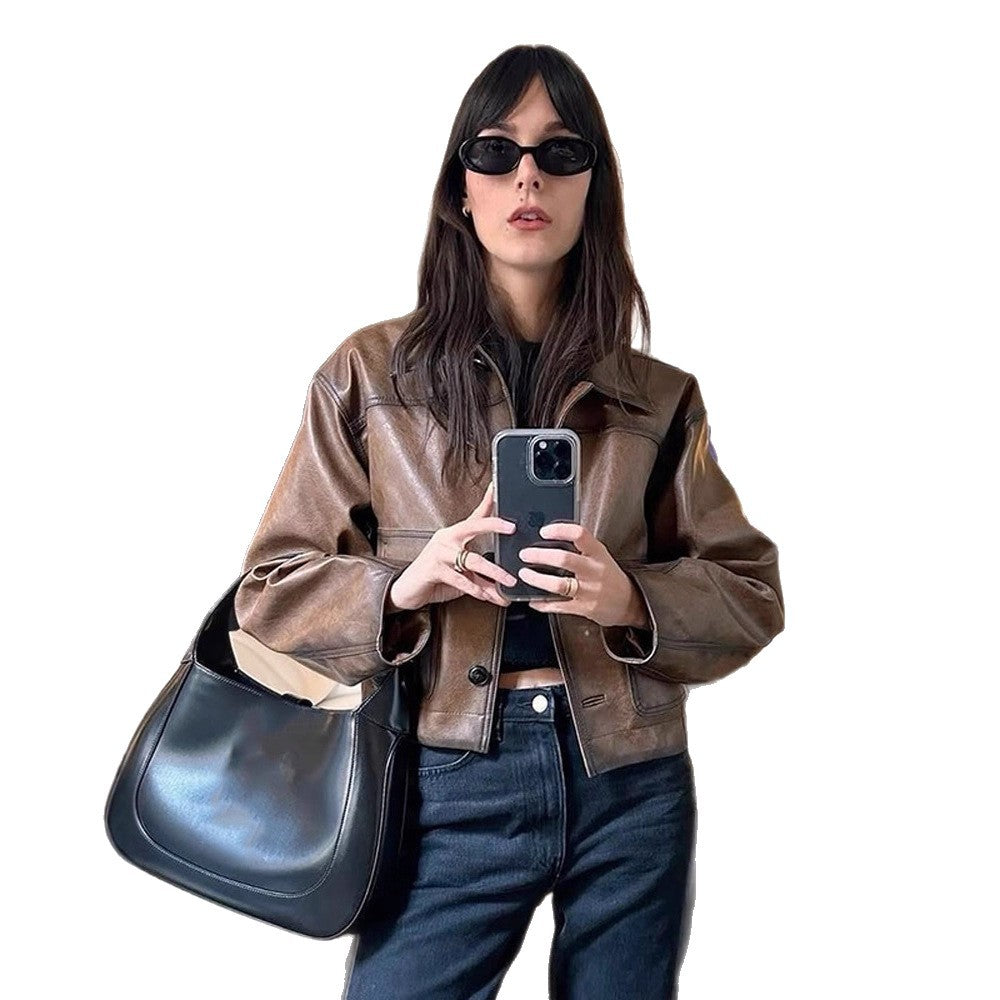 Women's cropped boxy jacket made of vegan leather with shirt collar EVA-US