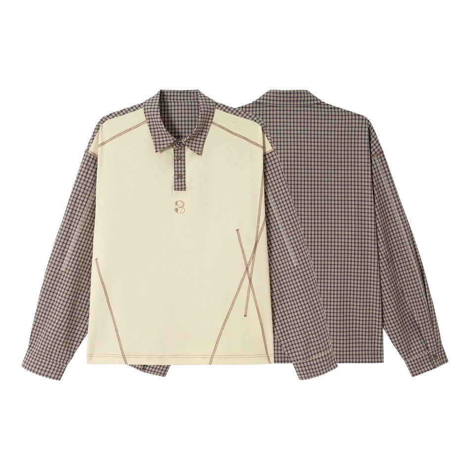 Unisex Oversize Long Sleeve Polo Shirt with Checked Sleeves, Shirt Collar and Decorative Topstitching EVA-US