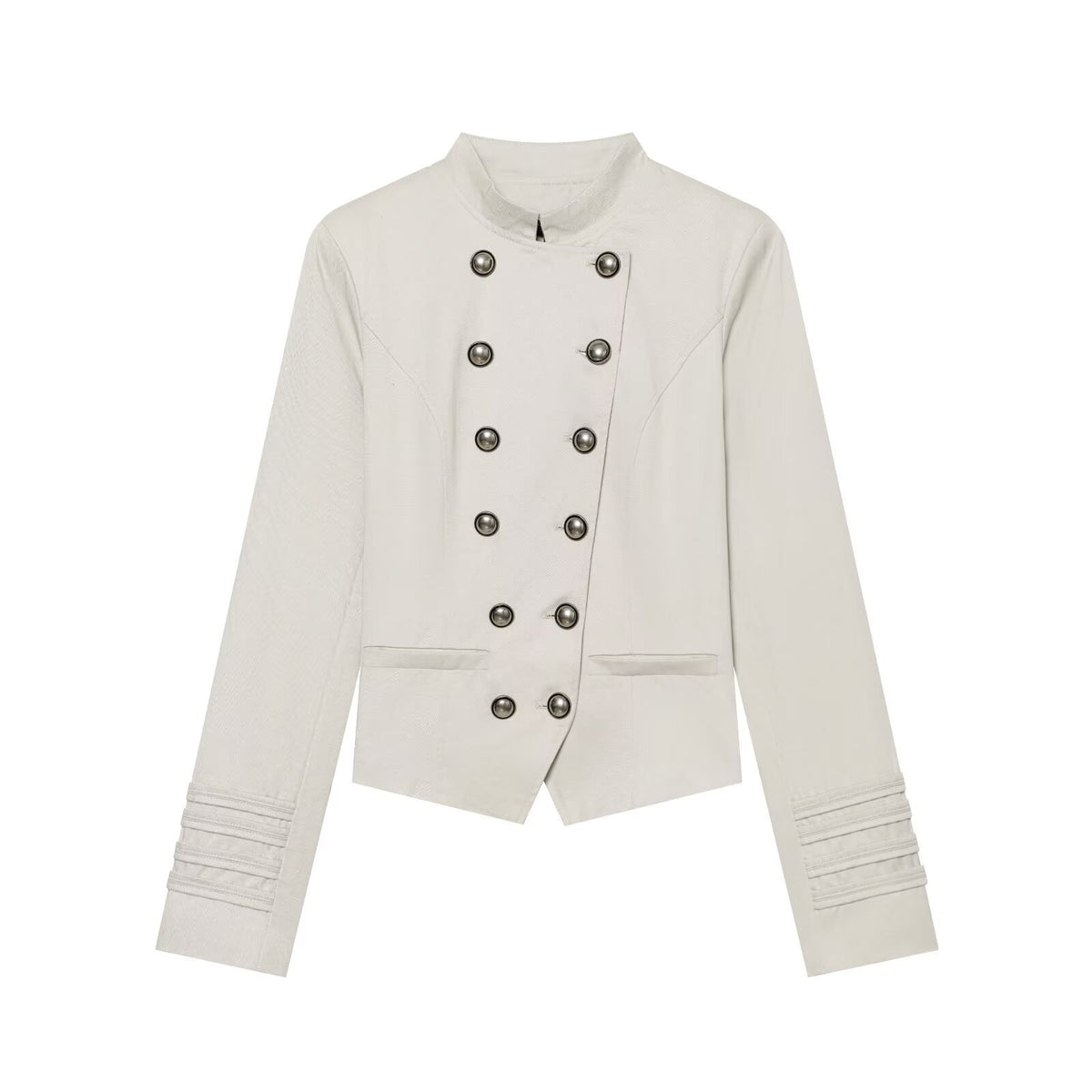 Women's tailored short blazer in sailor military style with stand-up collar and decorative buttons EVA-US