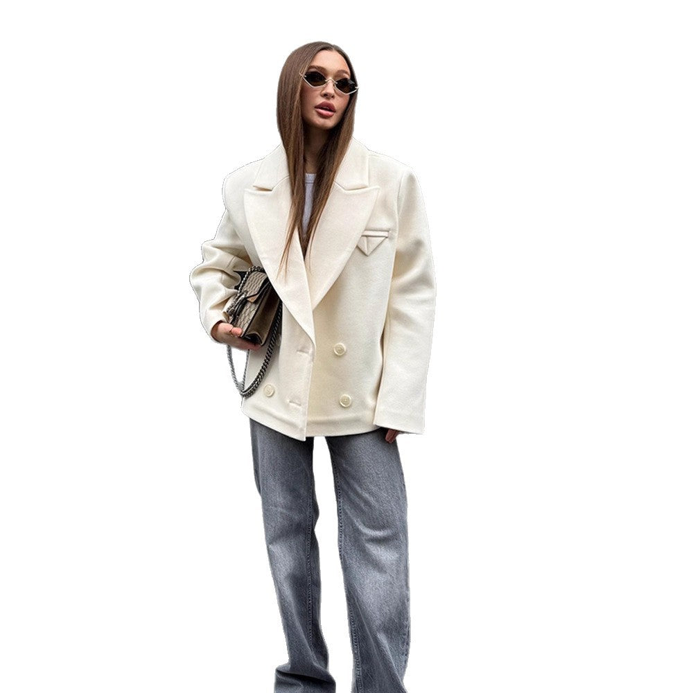 Women's Oversize Double-Breasted Short Blazer in Cocoon Cut made of Wool Mix EVA-US