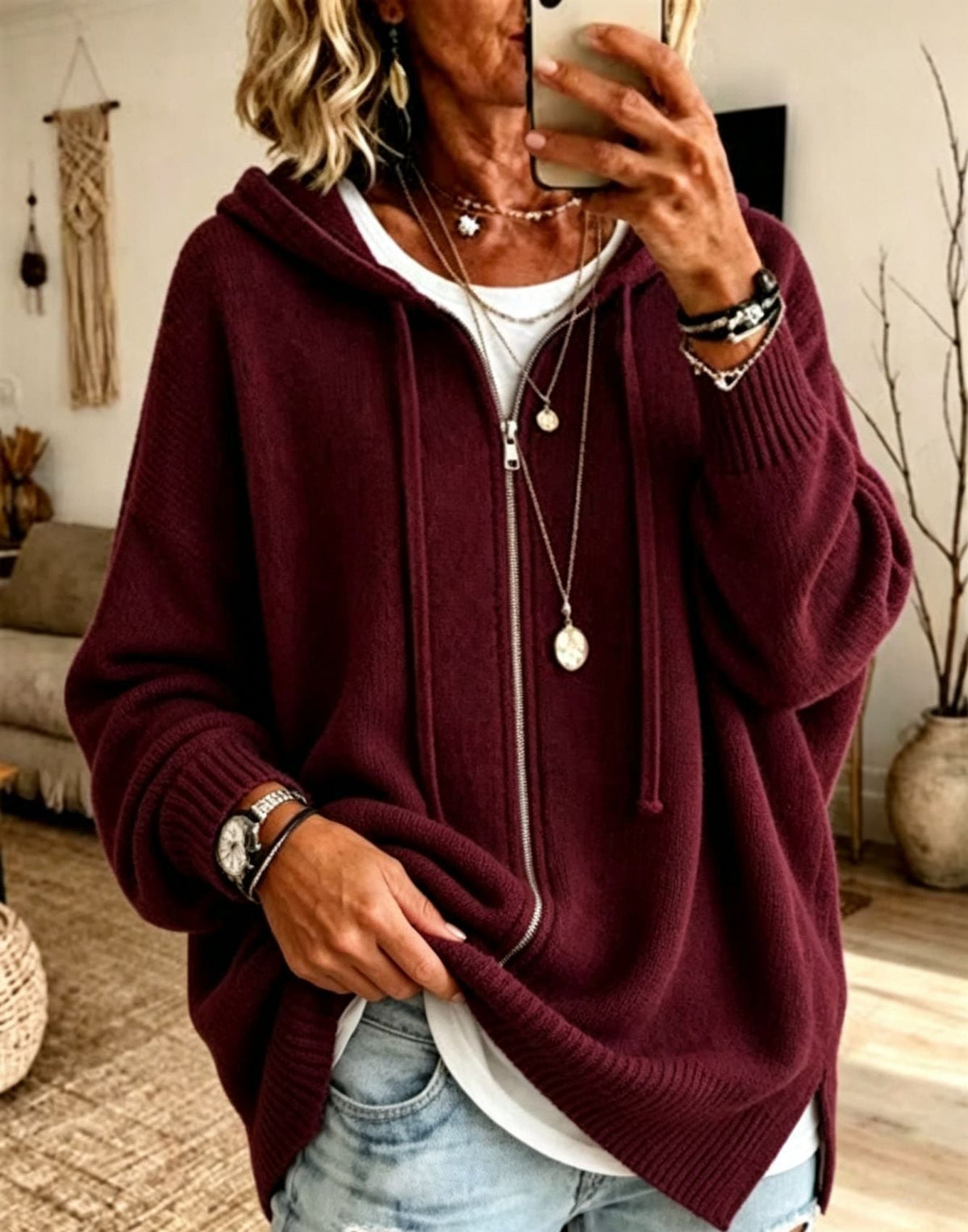 Women Oversize Hooded Zip Cardigan made of soft fine knit EVA-US