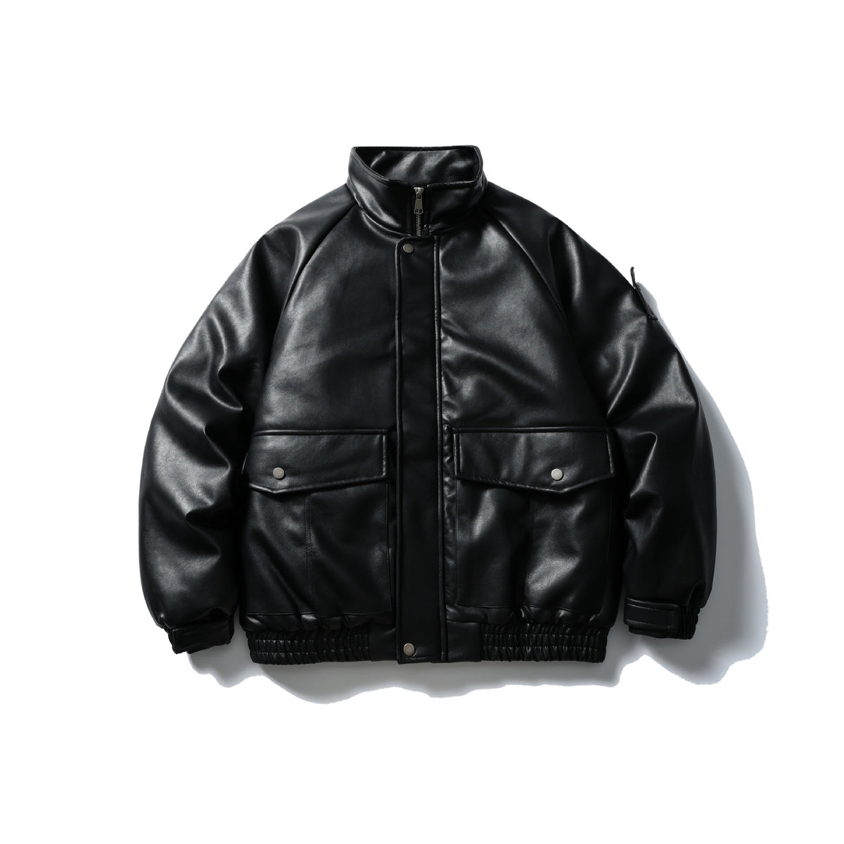 Men's Padded Faux Leather Bomber Jacket with High Stand-up Collar and Flap Pockets EVA-US