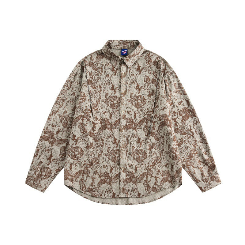 Unisex Oversized Shirt Jacket with Floral Jacquard Structure and Rounded Hem