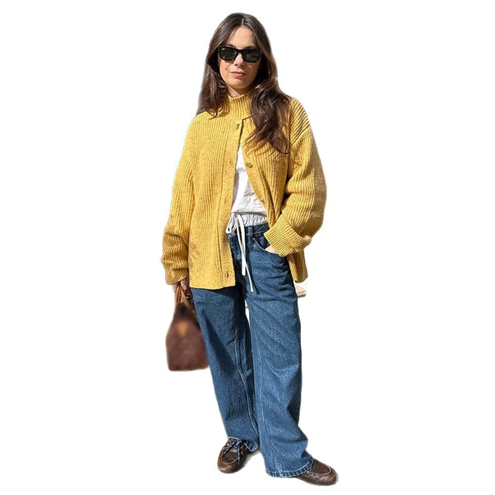 Women's Oversized Knit Jacket with Ribbed Structure and Stand-Up Collar EVA-US