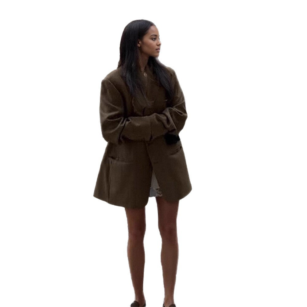 Ladies Oversize Wool Blend Coat Blazer with Boxy Silhouette and Flap Pockets EVA-US