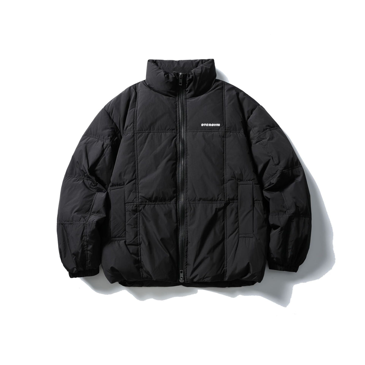 Men's Boxy Quilted Jacket with High Stand-Up Collar, Checked Quilting, and Elastic Hem
