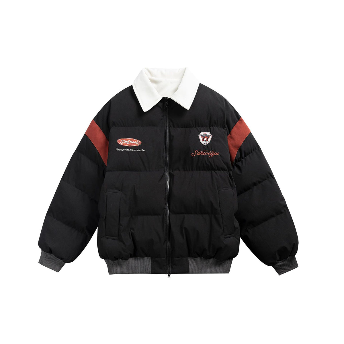 Women's short padded blouson jacket with contrasting collar and embroidery details EVA-US