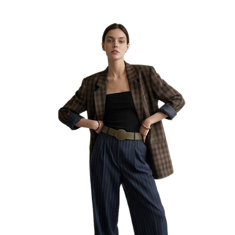 Women's Oversize Check Blazer with Boxy Silhouette and Dropped Shoulders EVA-US