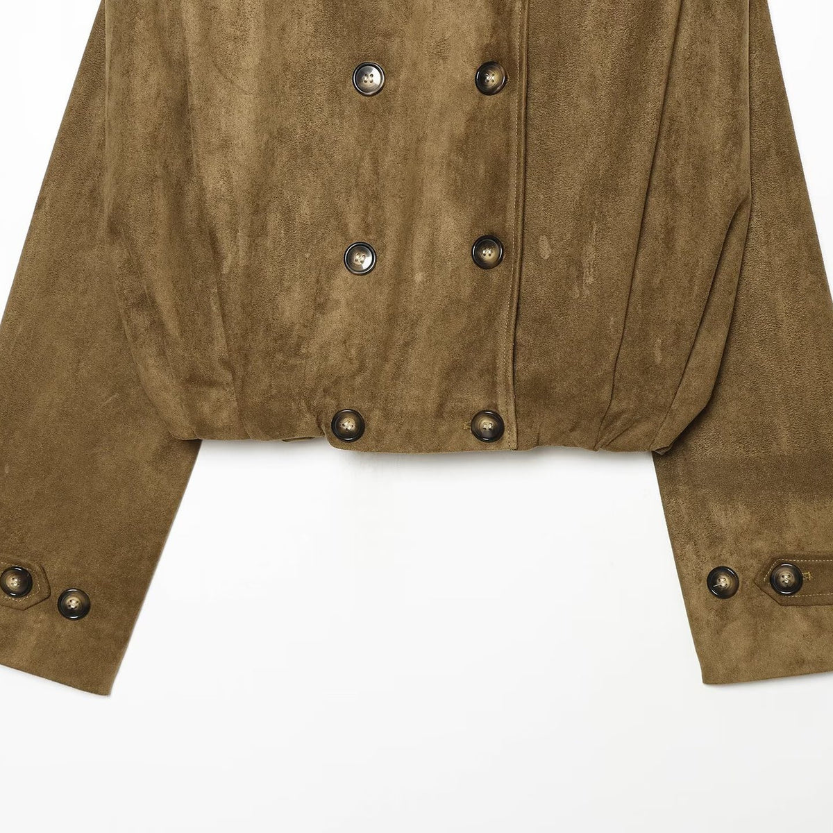 Women's Short Cut Double-Breasted Suede Look Jacket with Stand Collar and Epaulettes EVA-US