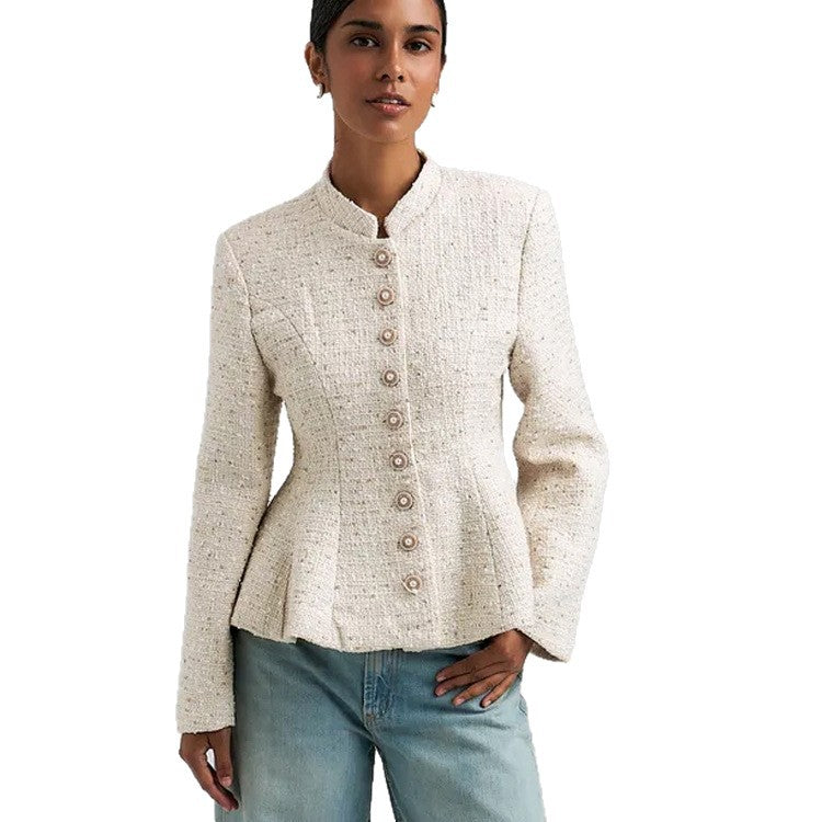 Women's Boucle Blazer with Stand Collar and Fitted Peplum Silhouette EVA-US