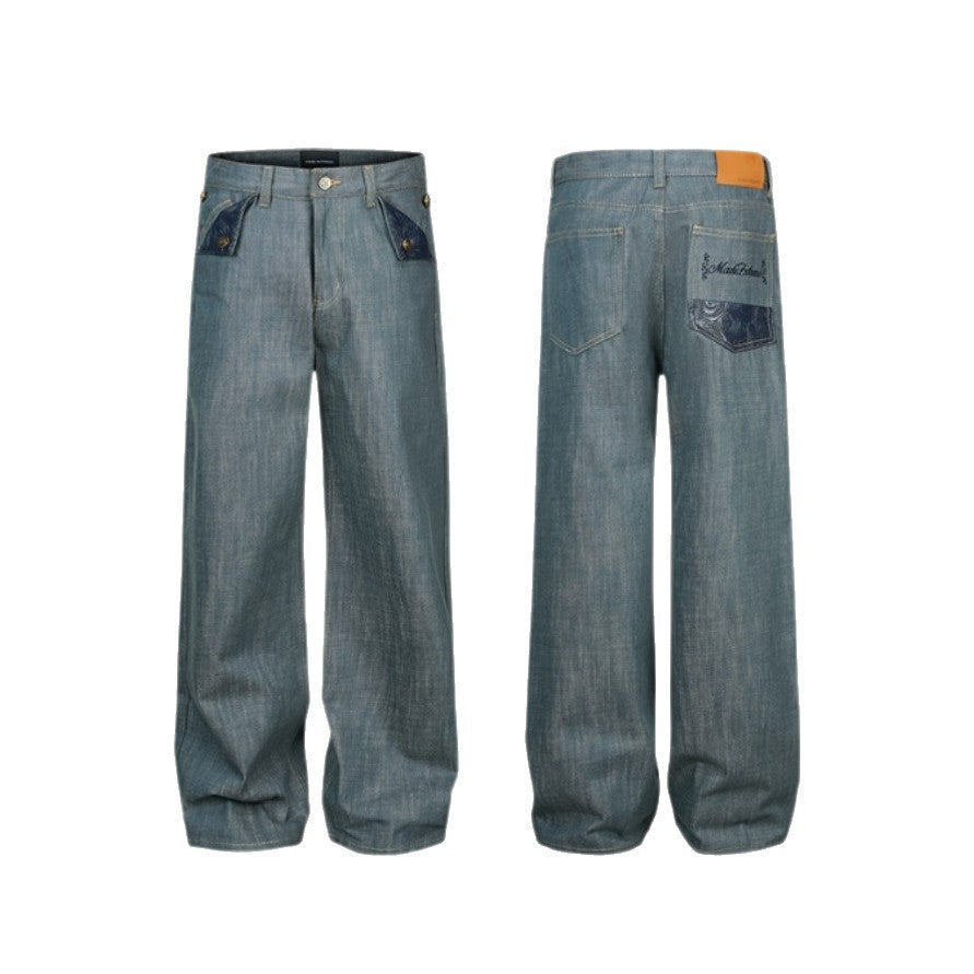 Ladies Wide High-Waist Jeans with Decorative Cuff Pockets EVA-US