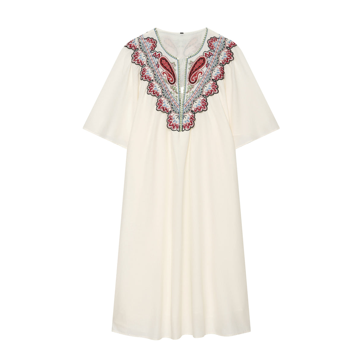 Women's Embroidered Kaftan Dress with V-Neck and Wide Batwing Sleeves EVA-US