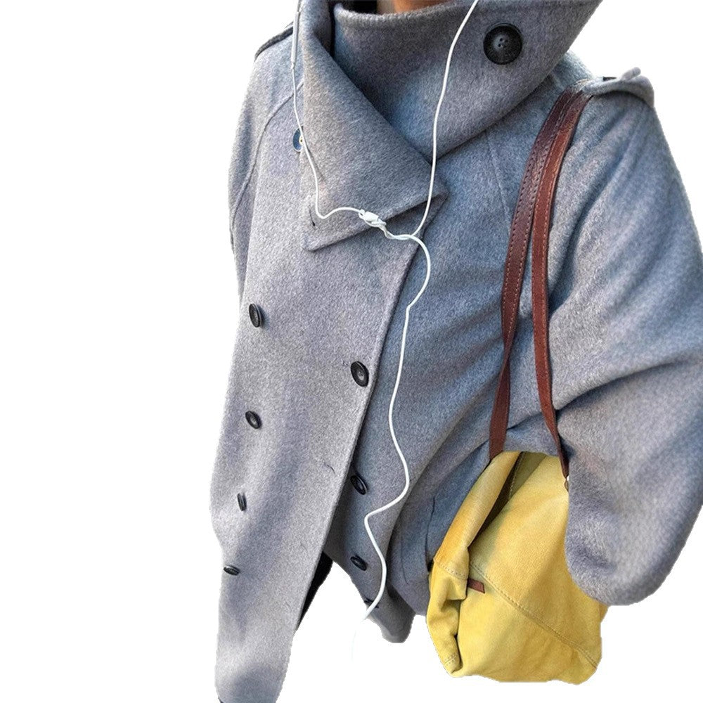 Women Oversize Coat made of Wool Blend with High Standing Collar and Asymmetrical Button Placket EVA-US
