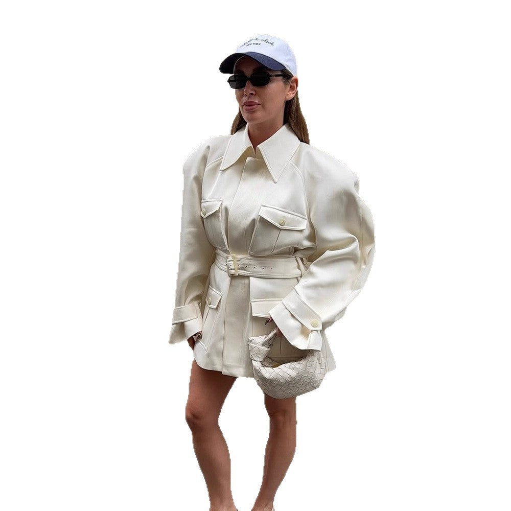 Women’s short blazer coat in safari/utility look with waist belt and patch pockets EVA-US