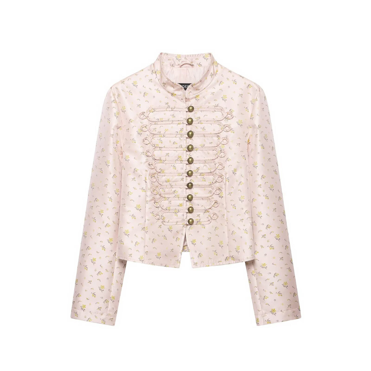 Women Cropped Satin Military Jacket with Stand-Up Collar and Decorative Frog Closure EVA-US