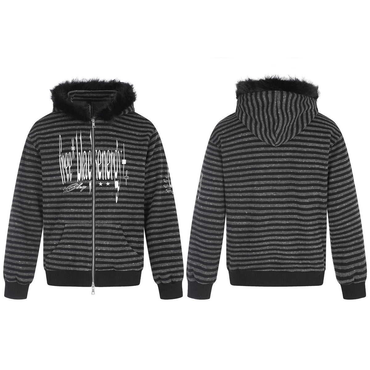 Unisex hoodie zip jacket with faux fur trim, striped pattern and front print EVA-US