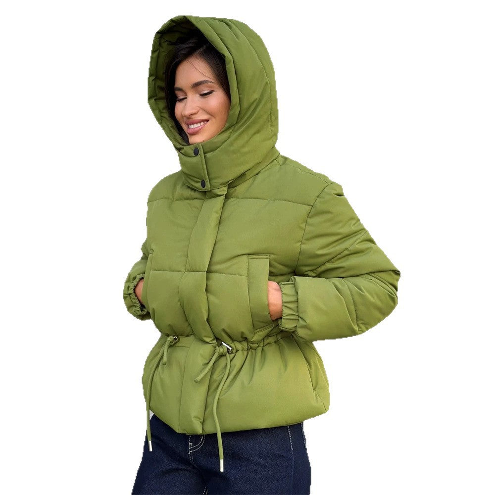 Women’s short padded hooded jacket with waist drawstring and high stand-up collar EVA-US