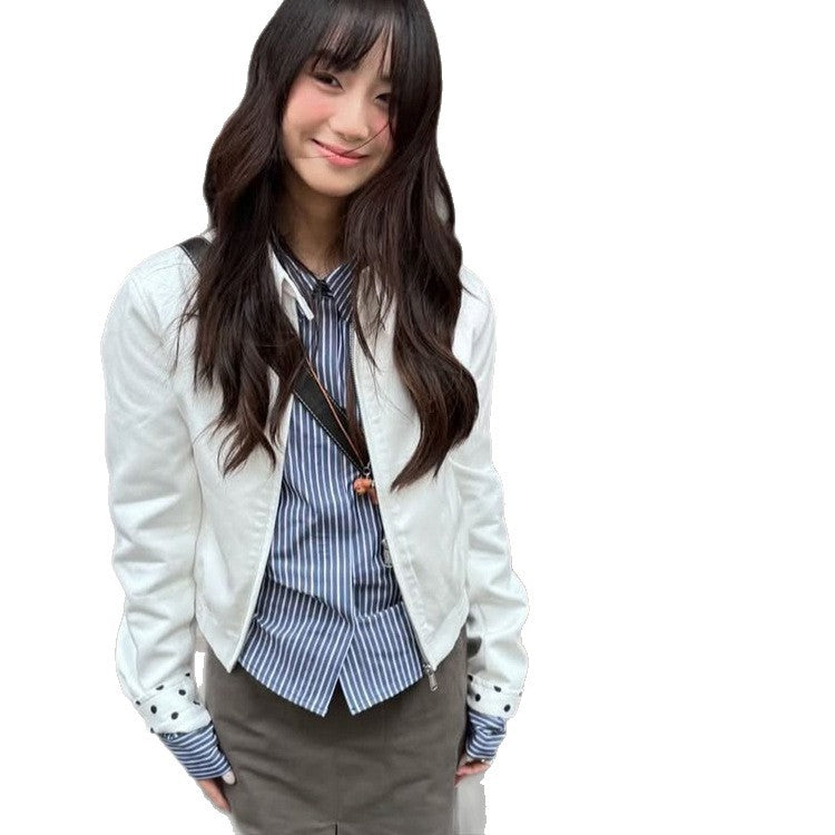 Women’s short-cut blouson jacket with stand-up collar, concealed zipper and contrasting polka dot patterned lining EVA-US