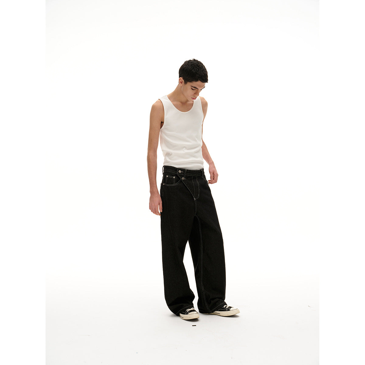 Women's High-Waist wide Denim pants with asymmetric button placket and contrast stitching EVA-US