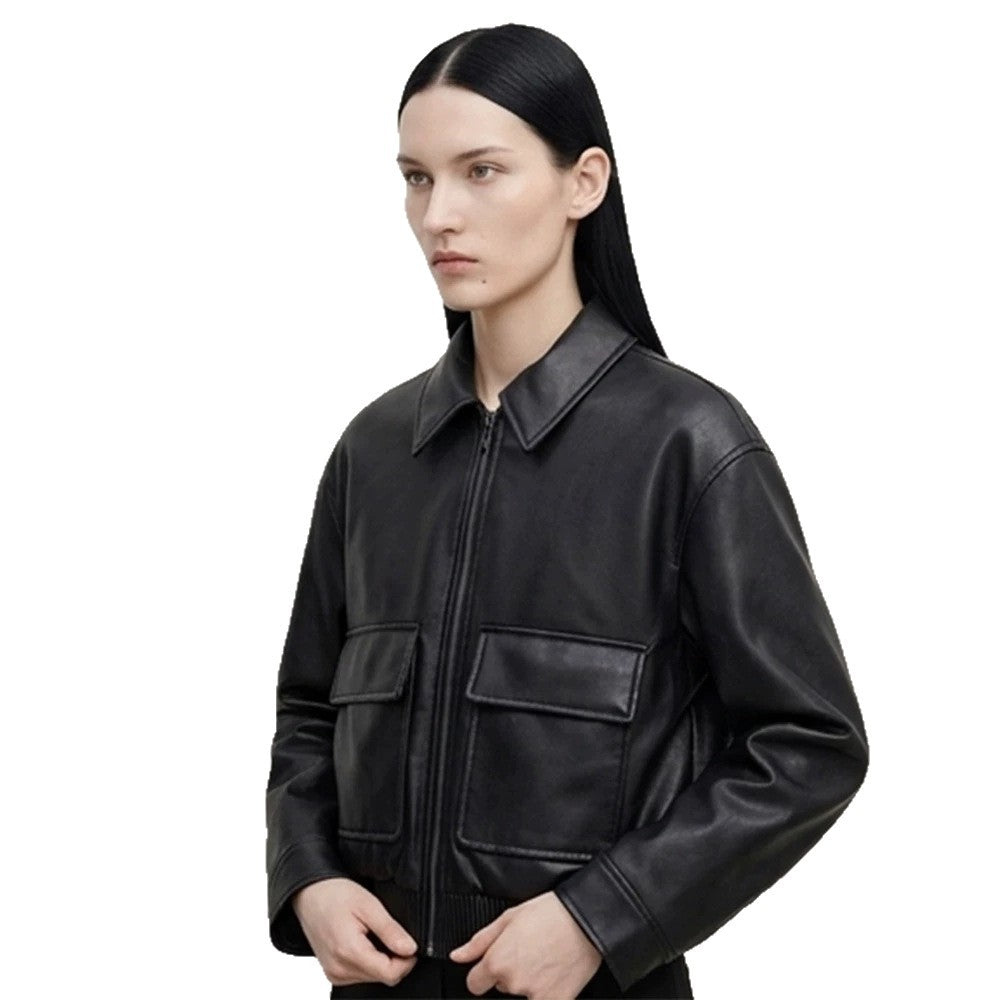 Women's short jacket made of faux leather in bomber style with ribbed hem and patch pockets EVA-US