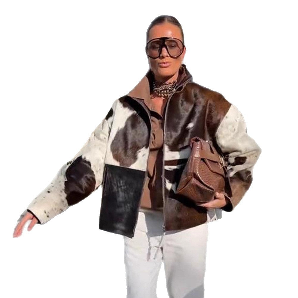 Women's short jacket made of shaggy faux fur with patchwork look and high stand-up collar EVA-US