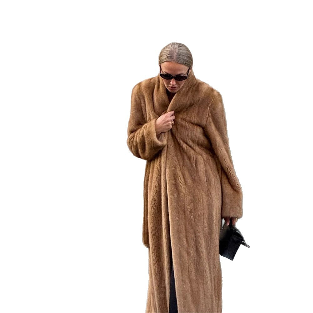 Women Luxurious Long Fur Coat with Shawl Collar and Flattering Oversize Cut EVA-US