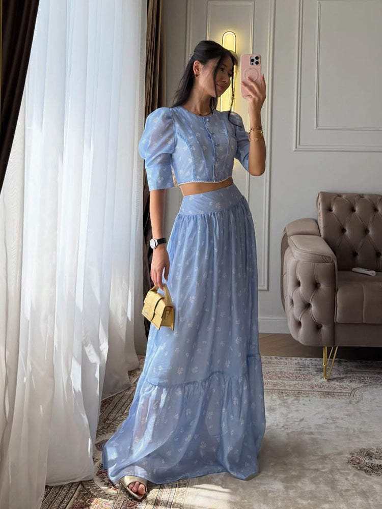 Women's Two-Piece Chiffon Set with Cropped Puff Blouse and Tiered Maxi Skirt EVA-US
