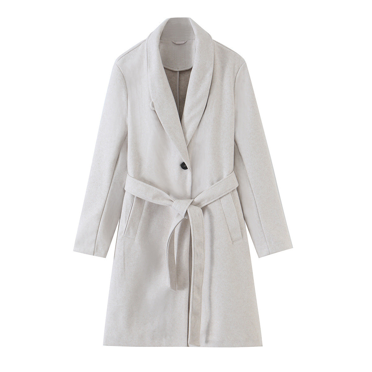 Women's Midi-Length Wool Blend Coat with Shawl Collar and Tie Belt EVA-US