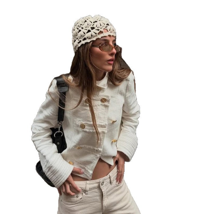 Women's Short Cut Boucle Blazer with Double-Breasted Gold Button Placket EVA-US