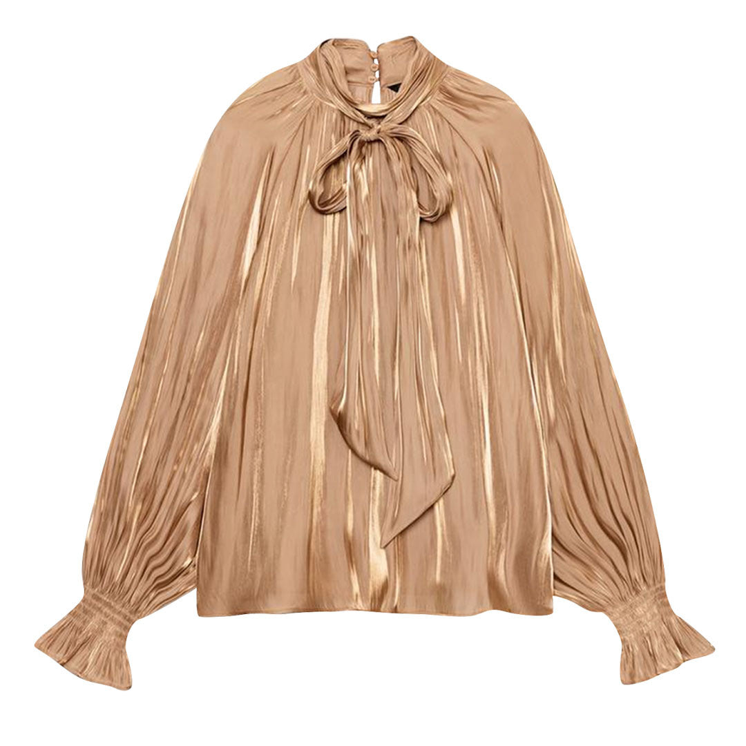 Women silk-like slip blouse with bow collar, pleated effect and ruched balloon sleeves EVA-US