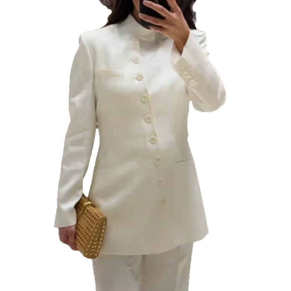 Women Longline Blazer with Stand Collar and Slim Silhouette EVA-US