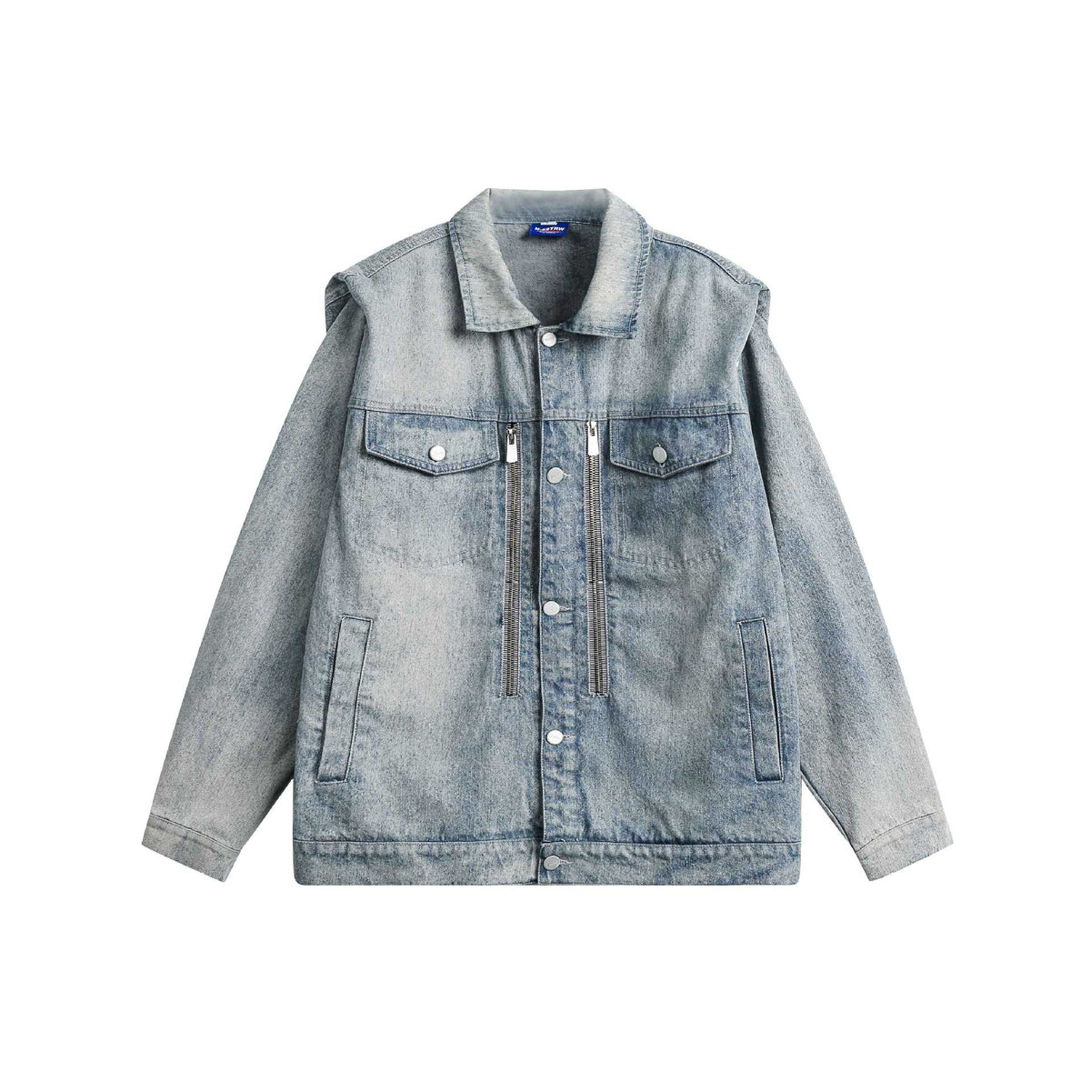 Unisex Boxy Jeans Jacket with Double Zipper and Flap Pockets EVA-US