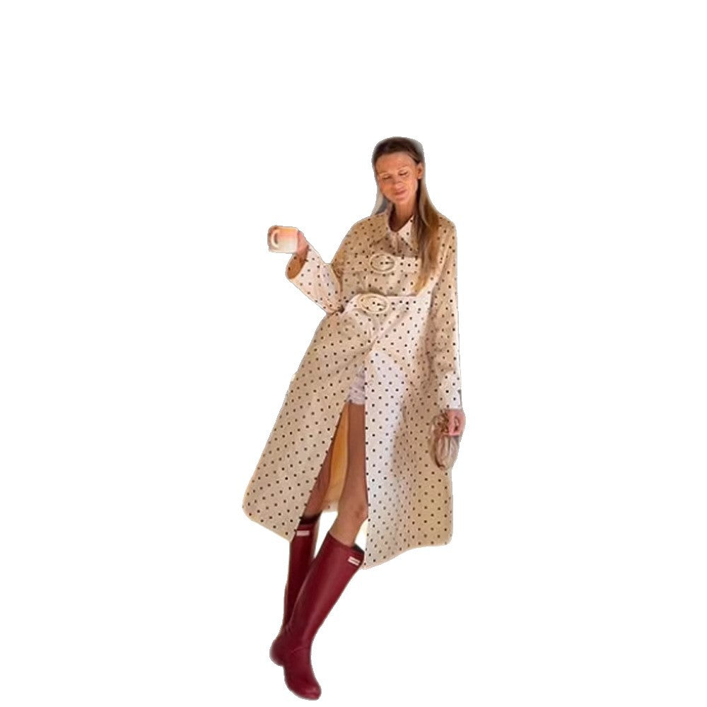 Women's Long Polka Dot Trench Coat with Oversized Lapels and Decorative Eyelets EVA-US