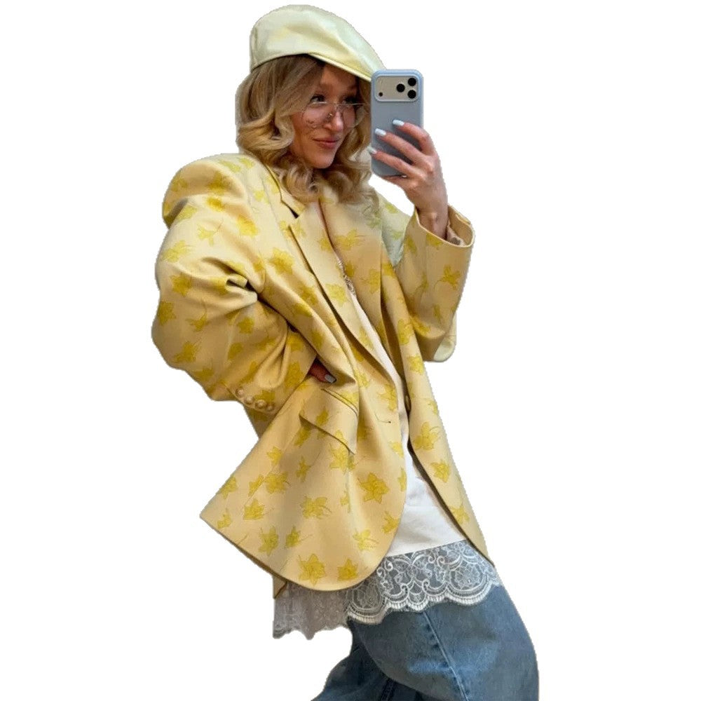 Women's Oversized Blazer made of floral jacquard with a distinctive shoulder area EVA-US