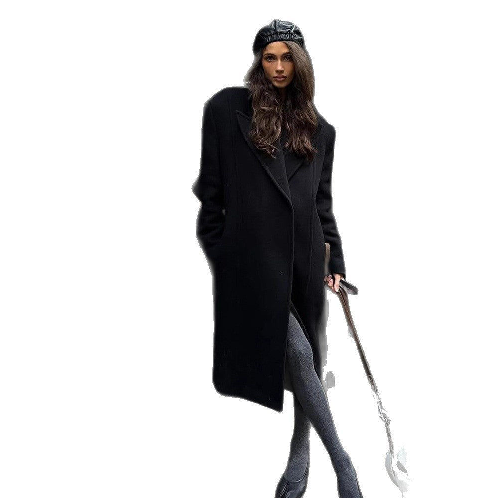 Women's maxi-length wool blend coat in oversized cocoon cut with distinctive shoulder line EVA-US